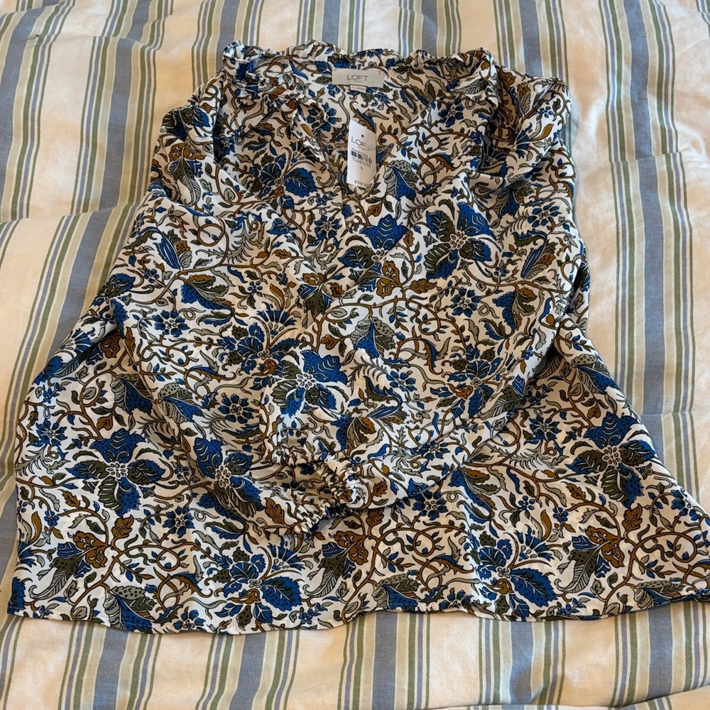 NWT LOFT Blue and Brown Floral Blouse